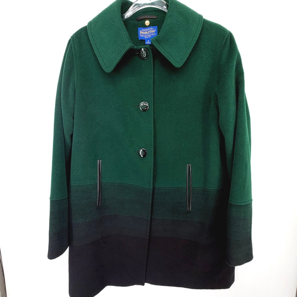 Pendleton Women Medium Green Black Ombre Wool Blend Walker Coat Leather Trim